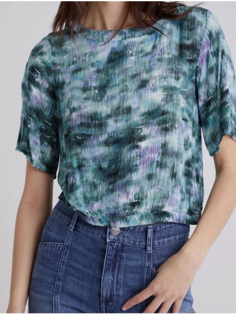 Bella Dahl Watercolor Short Sleeve Elastic Waist Top Blue Green Abstract Medium